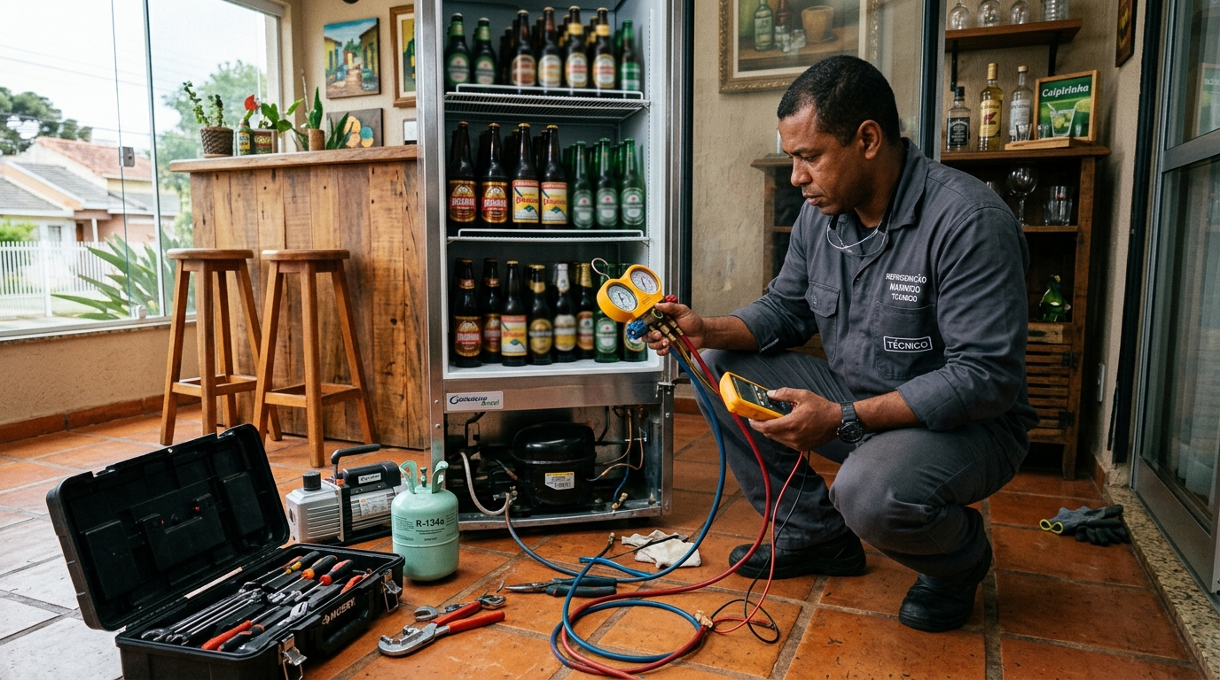 Profissional executando reparo no motor de cervejeira em Maringá‑PR