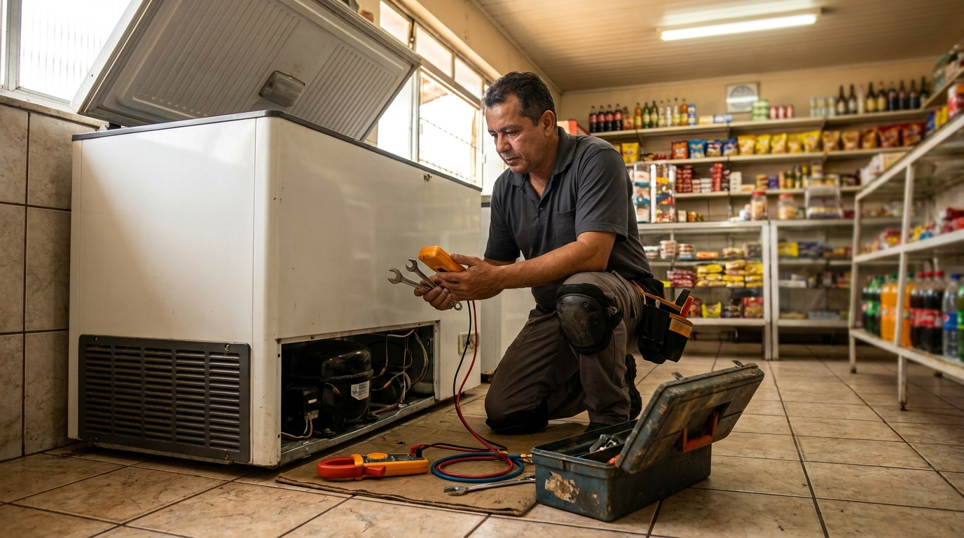 Profissional executando manutenção no motor de freezer em Maringá‑PR